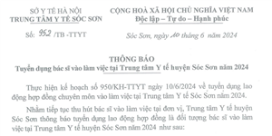 Thông báo: Tuyển dụng bác sĩ làm việc tại TTYT Sóc Sơn